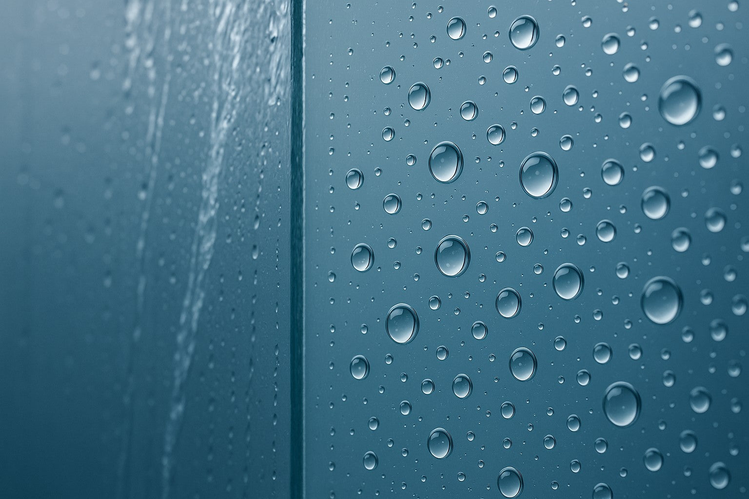 Wasser perlt in klaren Tropfen von einem beschichteten Duschglas ab