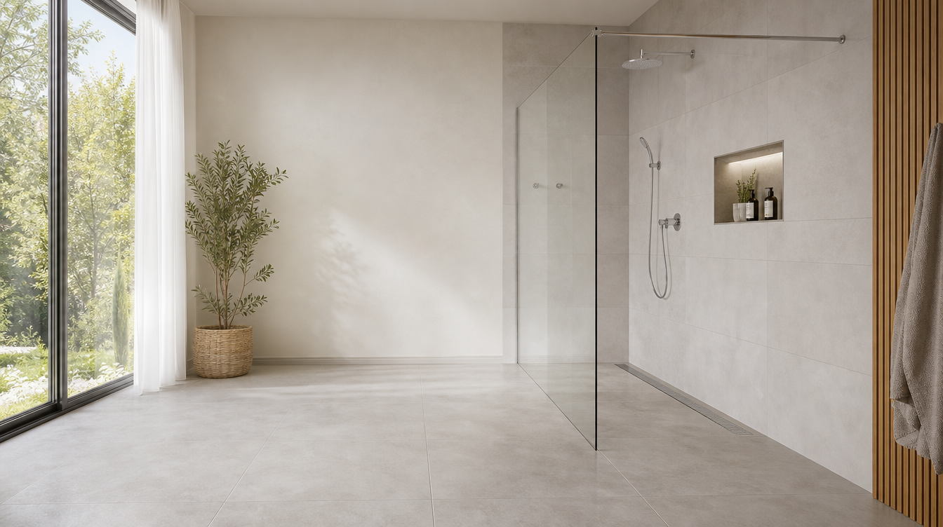 Barrierefreie, schwellenlose Walk-In-Dusche mit rahmenloser Glaswand, wandseitiger Duschrinne und großzügiger Bewegungsfläche im modernen Bad