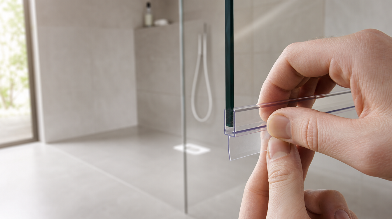 Hand klopft eine neue, transparente Duschdichtung von unten gleichmäßig auf die Glaskante einer Walk-In-Dusche
