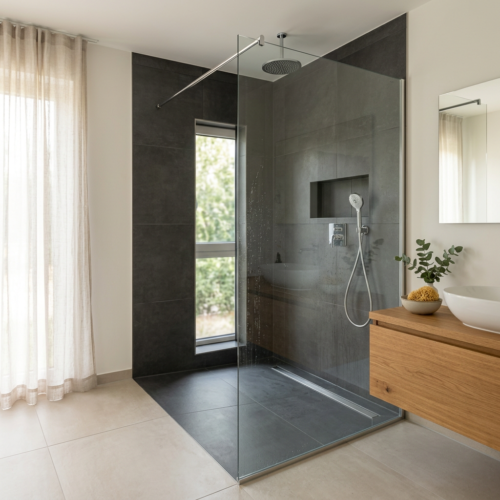 Moderne Walk-In-Dusche 2026 mit Stein-Wand, Holz-Waschtisch und Tageslicht – vom Funktionsraum zur Wellness-Oase