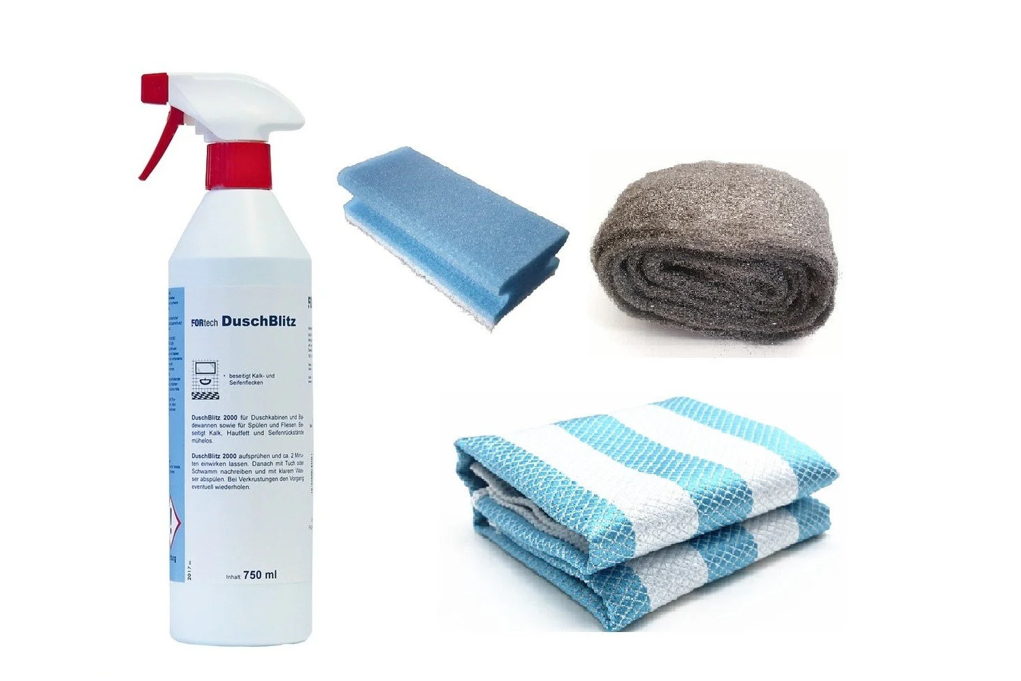 DuschBlitz 2000, Stahlwolle Typ 0000, Pflegeschwamm und Bavariaclean-Tücher aus dem Intensiv-Set
