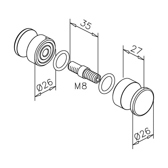 Dusch-Türknopf 102 – V2A Edelstahl zierlich Ø 26 mm, 8–12 mm Glas
