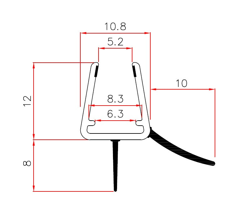 Schleiflippendichtung mit kurzer Schleiflippe und Abtropfleiste – Für 6 oder 8 mm Glas – Art.Nr. 1402