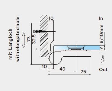 Lugano Scharnier Glas-Wand 90° mit Hebe-Senk-Funktion – 8-10 mm, flächenbündig – Art.Nr. LUG044