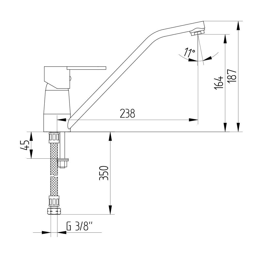 Technische Zeichnung Spültisch-Einhebelmischbatterie, Auslaufhöhe 164 mm, Ausladung 238 mm