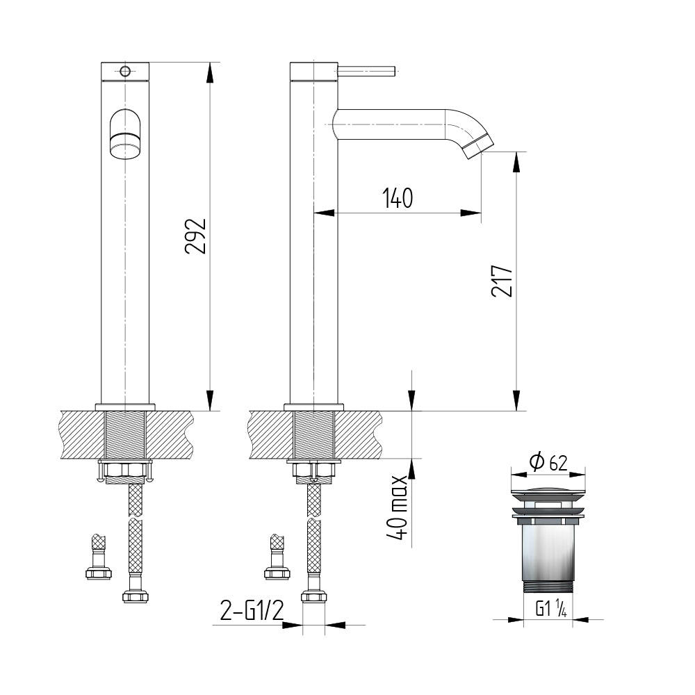Technische Zeichnung hohe Waschtisch-Einhebelmischbatterie, Auslaufhöhe 217 mm