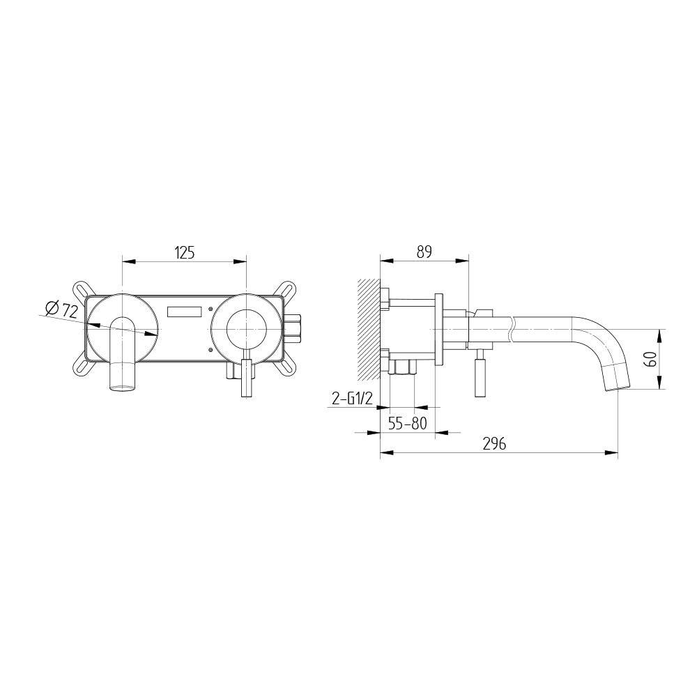Technische Zeichnung Wand-Waschtischbatterie Unterputz, Ausladung 230 mm