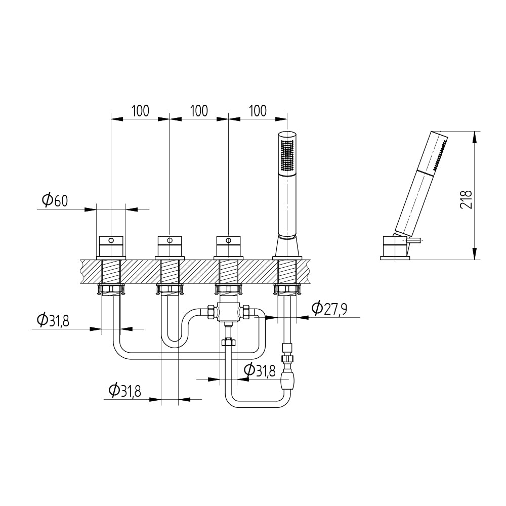 Technische Zeichnung Wannenrand-Batterie 4-Loch mit separater Umstellung, Lochabstand 100 mm