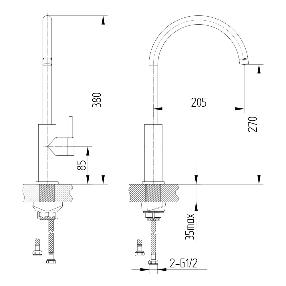 Technische Zeichnung Spültisch-Einhebelmischbatterie, Auslaufhöhe 270 mm