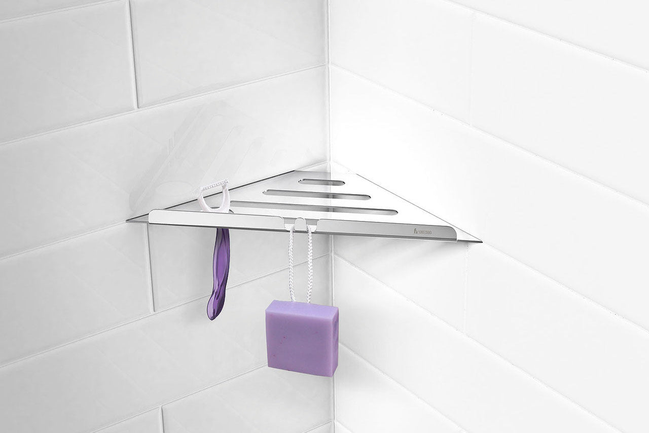 Smedbo Ablage für Duschecke aus Edelstahl, dreieckige Form für Einbau in Fliesenfugen, Chrom glanz oder Schwarz matt, Art.Nr. 3060