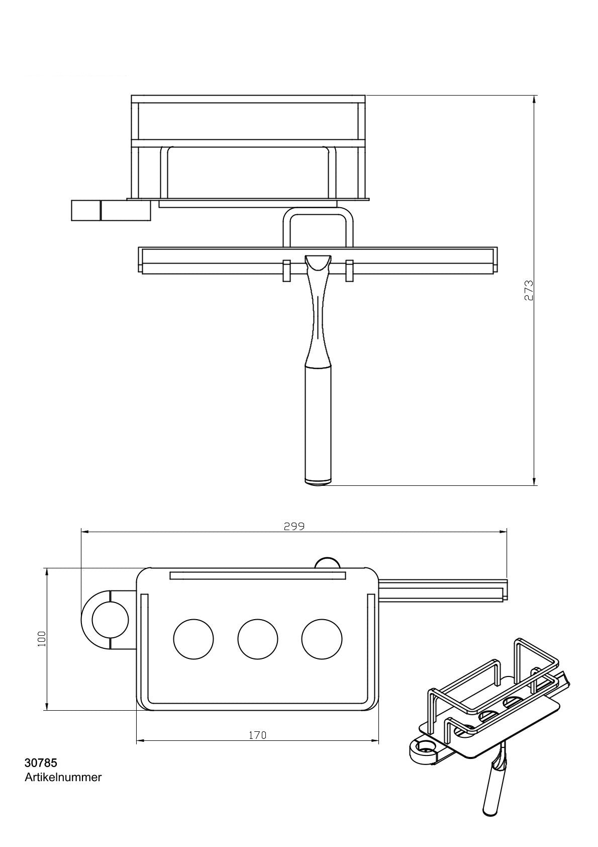 Duschkorb für Duschstange mit gerader Grundplatte, wahlweise mit oder ohne Duschabzieher, links oder rechts, für Stangen bis 25 mm