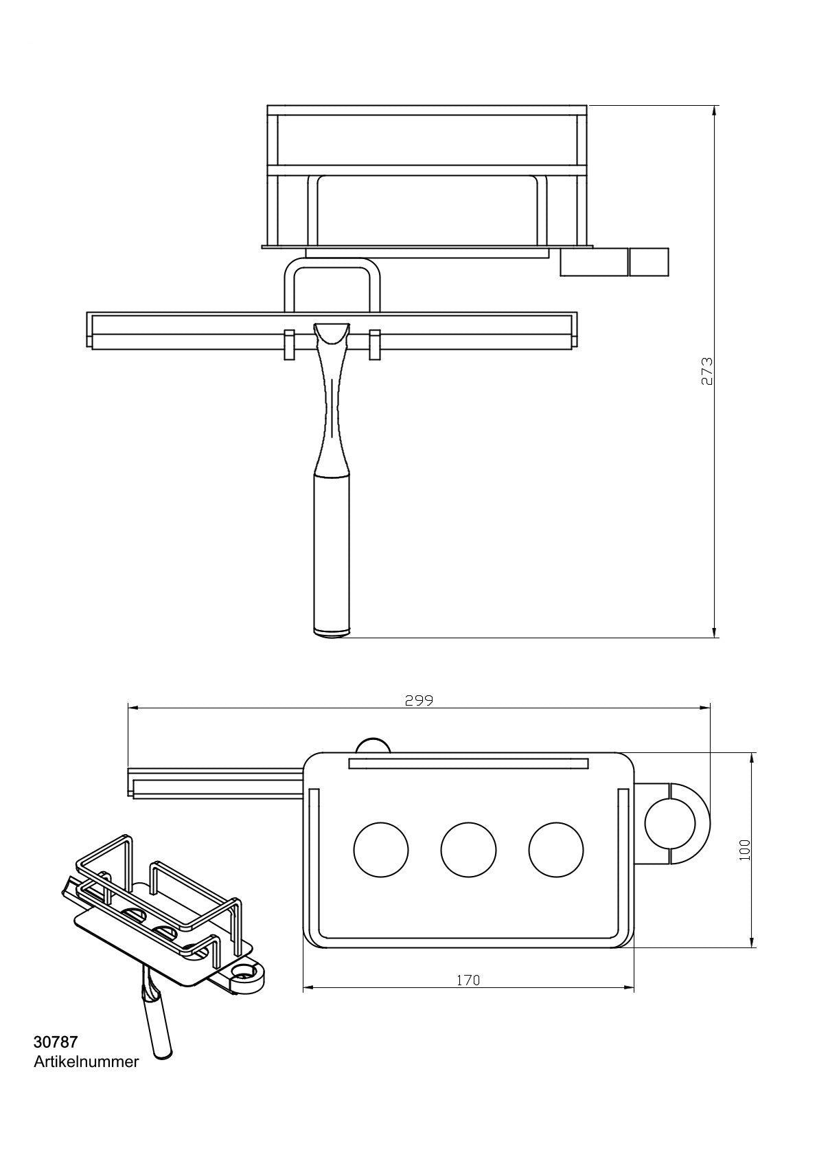 Duschkorb für Duschstange mit gerader Grundplatte, wahlweise mit oder ohne Duschabzieher, links oder rechts, für Stangen bis 25 mm