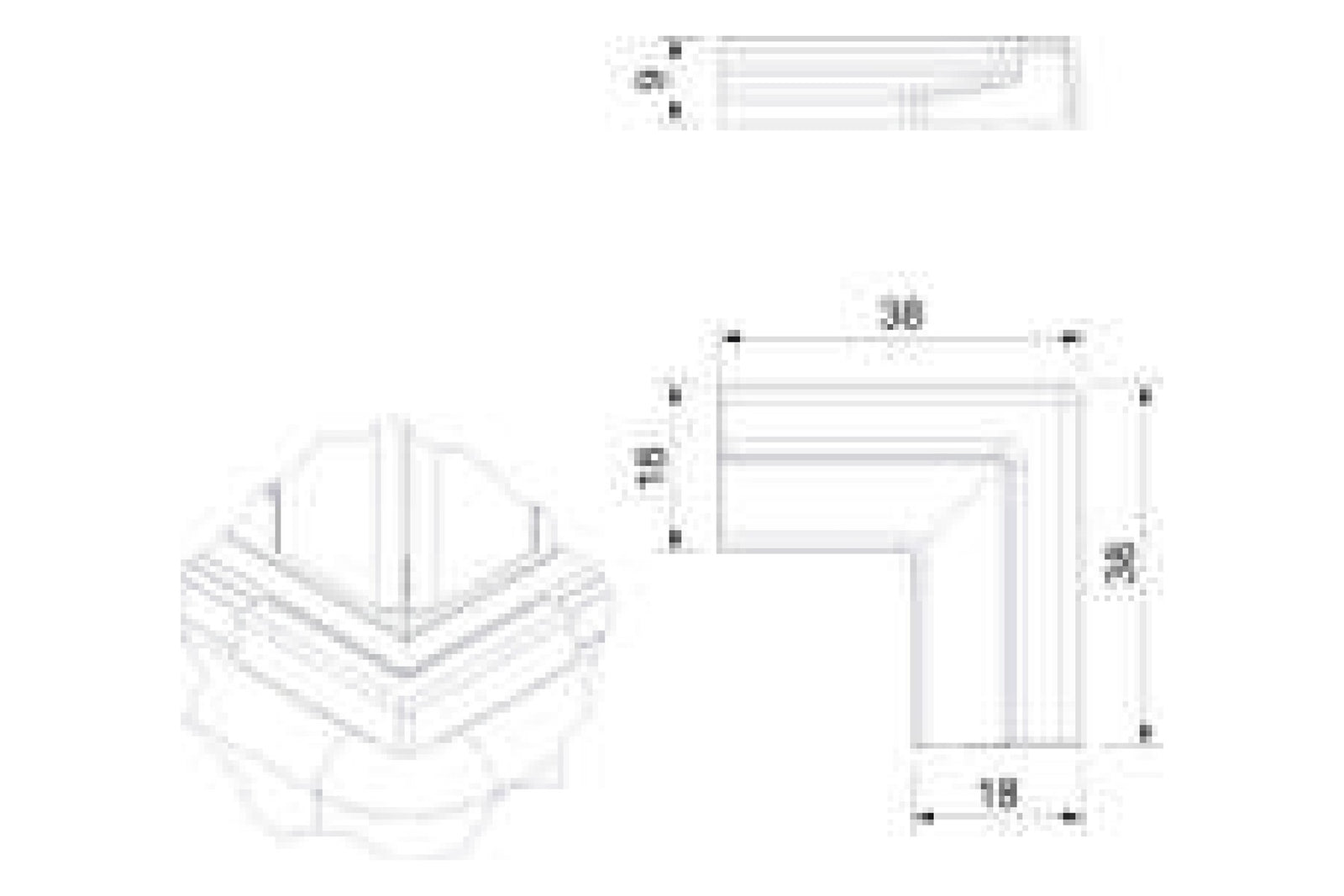 Maßzeichnung Eckverbinder 90 Grad, Grundriss 38 x 38 mm, Schenkelbreite 18 mm
