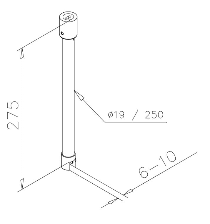Maßzeichnung Stabistangen-Set 275 mm, Rundrohr Ø 19 mm, Glasdicken 6 bis 10 mm