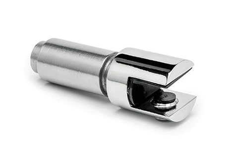 Detailaufnahme Glashalter vertikal mit Klemmschraube, Chrom poliert