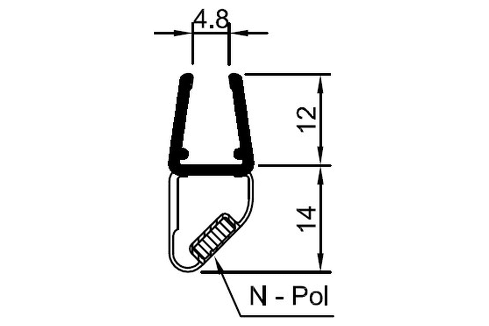 Schwarze Magnetdichtung 180° fluchtend 2x 45°, bemaßte Querschnittzeichnung mit Magnetpol, Art.Nr. 6072/6082