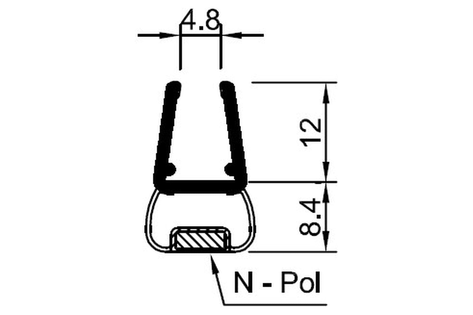 Schwarze Magnetdichtung 180° fluchtend, schmaler Magnetstreifen, bemaßte Querschnittzeichnung mit Magnetpol, Art.Nr. 6092