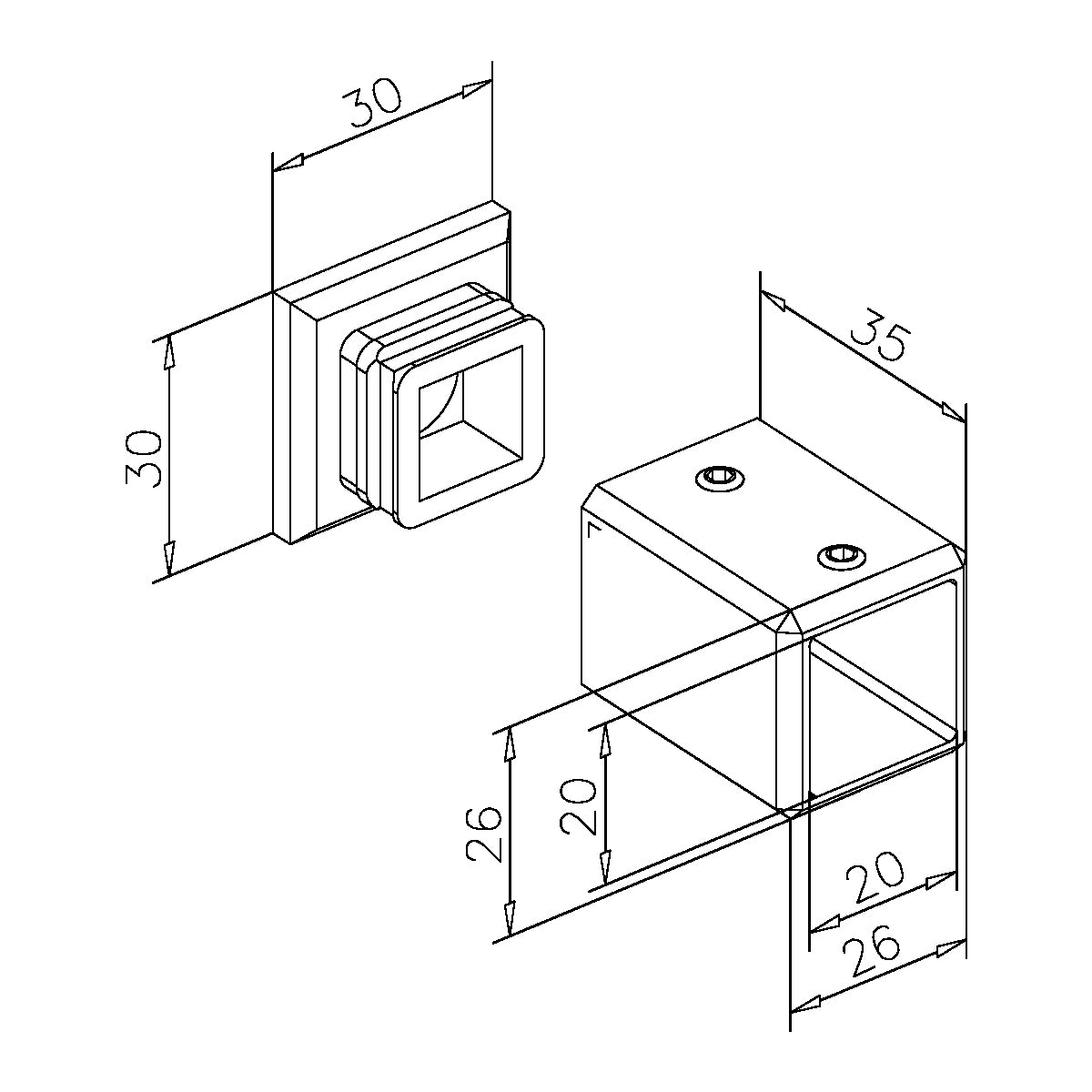 Stabistangen-Set 6415 – Vierkant 20x20 mm V2A, Glas-Decke vertikal