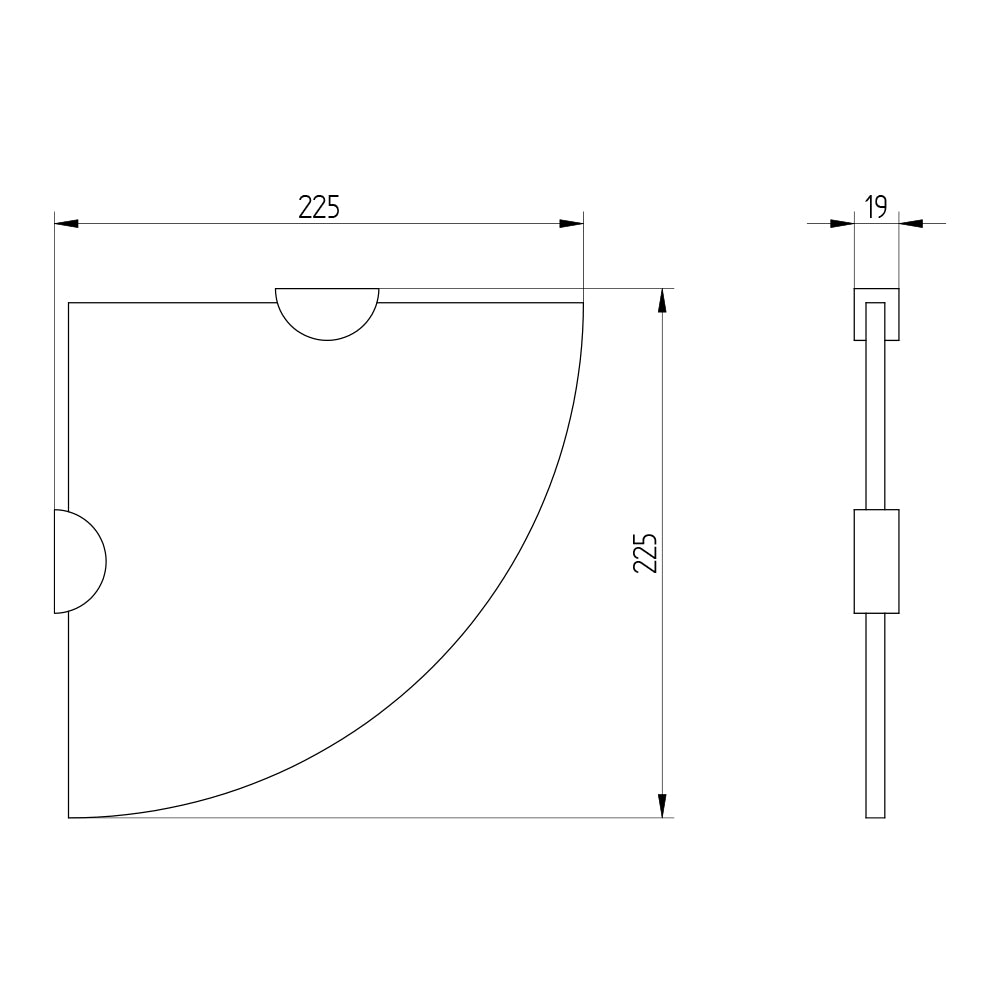 Technische Zeichnung Eckablage, Schenkellänge 225 mm