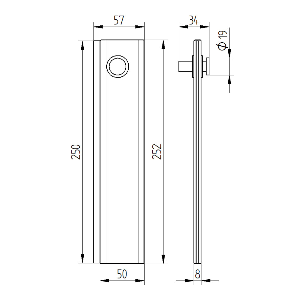 Technische Zeichnung Design-Wischer mit Wandhaken, 252 x 57 mm