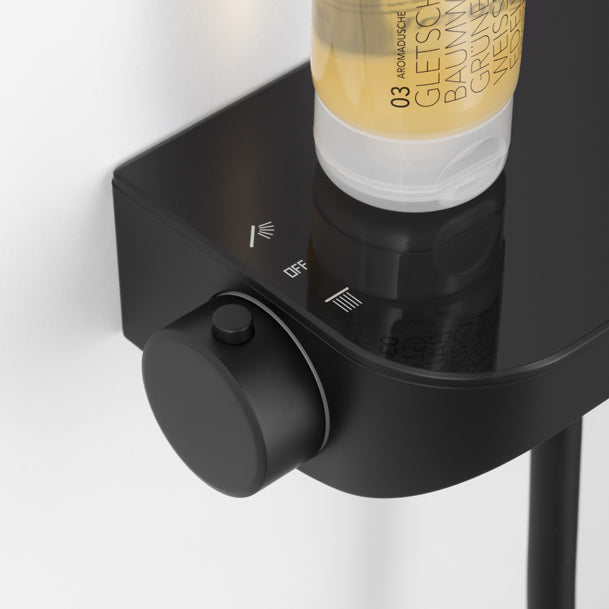 Brause-Set mit Thermostat-Mischbatterie – XXL-Regenbrause Ø 250 mm, 3-fach Handbrause, Glasablage – Schwarz matt oder Chrom