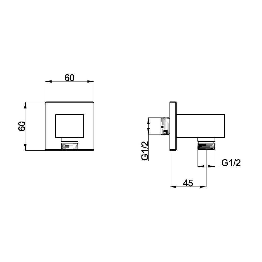 Technische Zeichnung Brause-Wandanschlussbogen eckig, 60 x 60 mm, Ausladung 45 mm