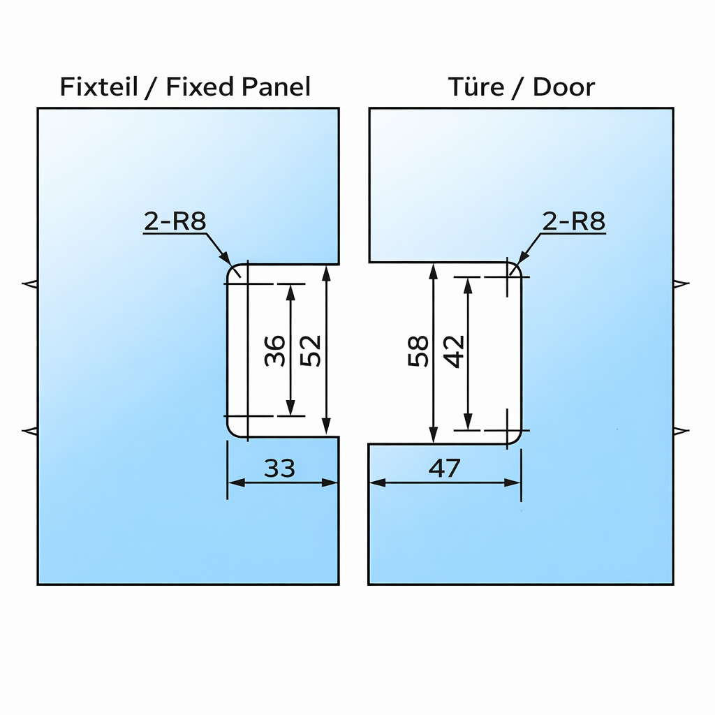 Bellagio Pendeltürband 180° Glas-Glas BEL380 – 50 kg, 8/10 mm ESG, 11 Oberflächen