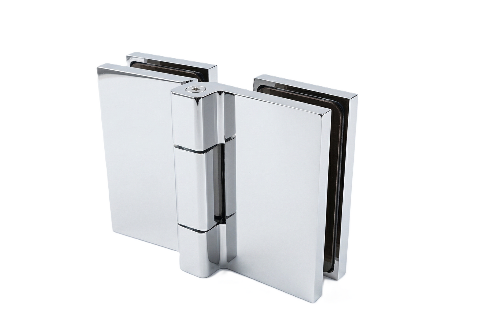 COMO Anschlagband 180° Glas-Glas – Messing massiv, 8/10 mm ESG, verdeckte Verschraubung, eckiges Design
