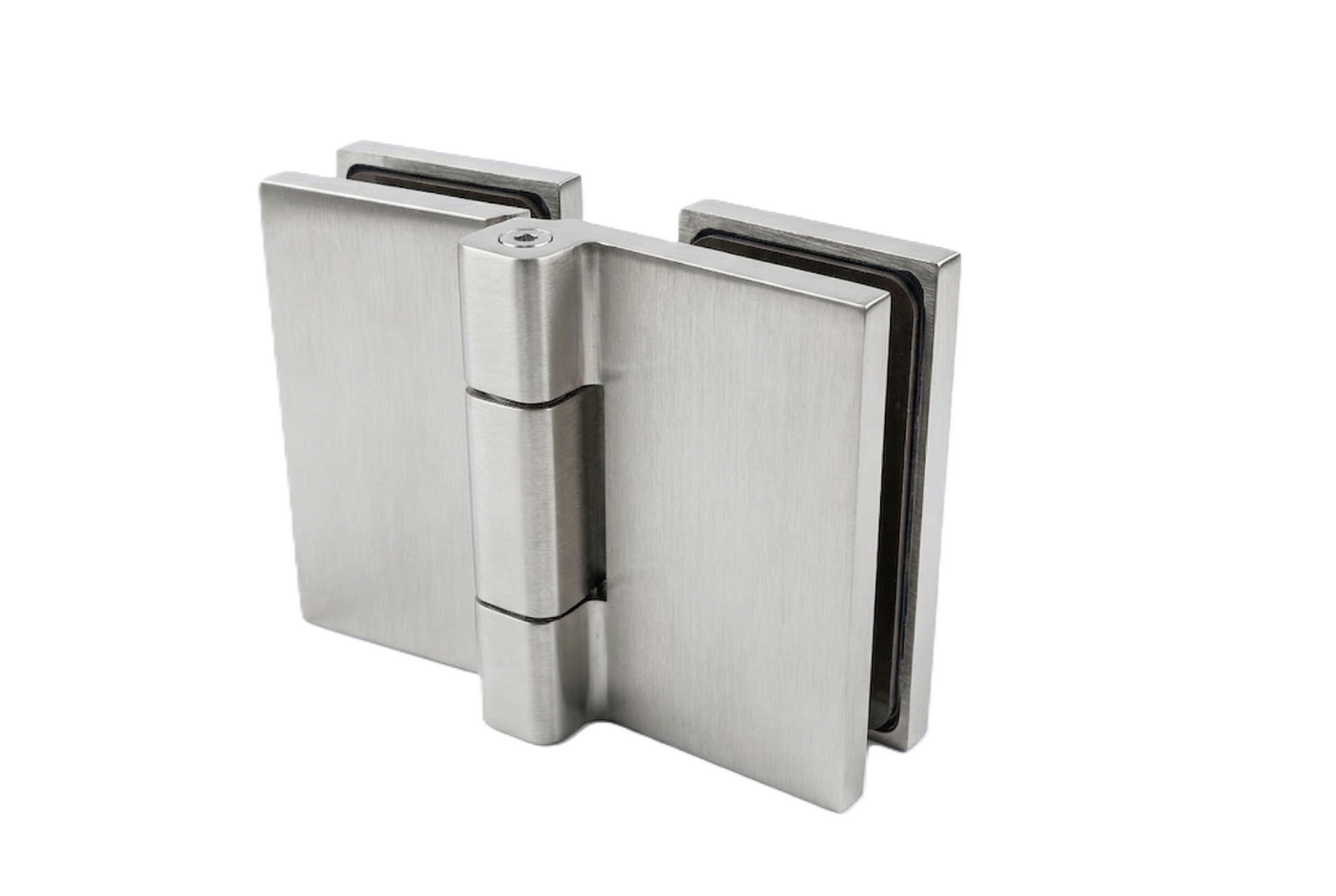 COMO Anschlagband 180° Glas-Glas – Messing massiv, 8/10 mm ESG, verdeckte Verschraubung, eckiges Design