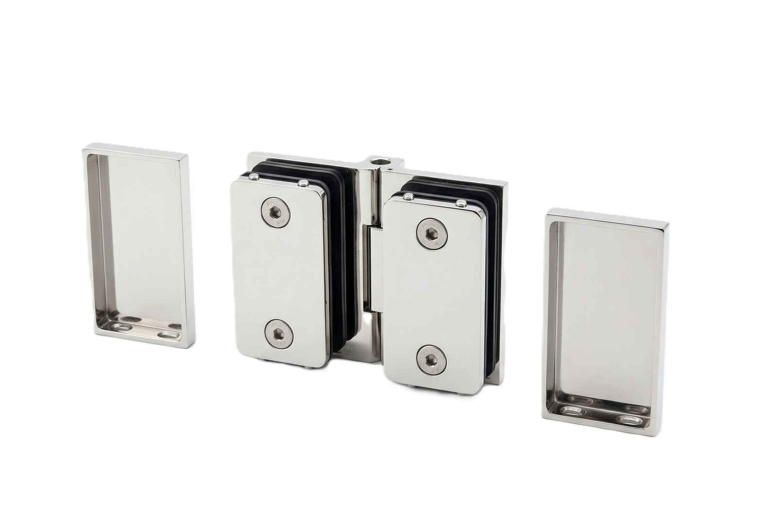 COMO Anschlagband 180° Glas-Glas – Messing massiv, 8/10 mm ESG, verdeckte Verschraubung, eckiges Design