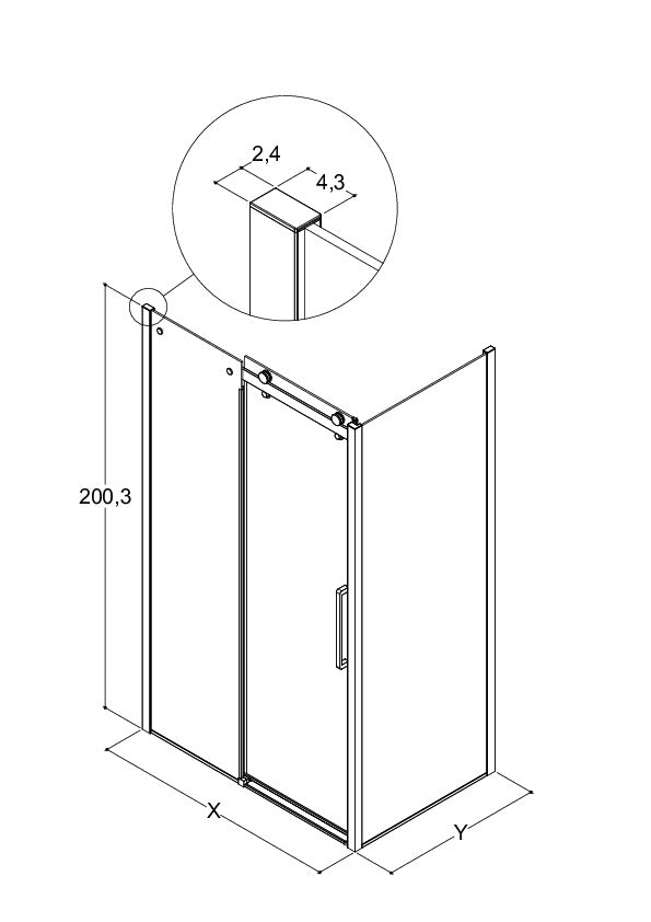 Maßzeichnung XXL Eckdusche mit Seitenwand, Höhe 200 cm