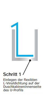 Alu U-Profil mit L-Vinyl und Kederstab, silikonfreie Befestigung für 8 oder 10 mm Glas – Art.Nr. DUC