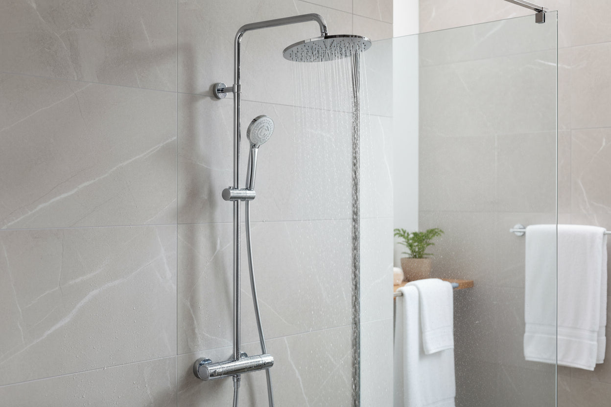 Vigour Duschsystem V1 mit Thermostat – Kopfbrause Ø 250 mm, 5-fach Handbrause, verchromt – Art.Nr. V1DS250R