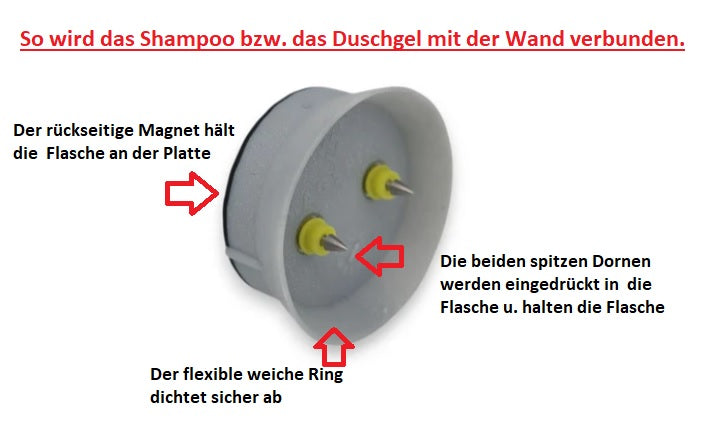 Die magnetische Aufhängung für Duschgel und Shampoo an Wandplatte, Typ MagSpike