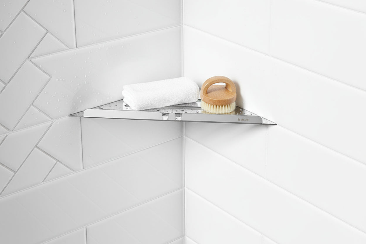 Smedbo Ablage für Duschecke aus Edelstahl, dreieckige Form für Einbau in Fliesenfugen, Chrom glanz oder Schwarz matt, Art.Nr. 3060