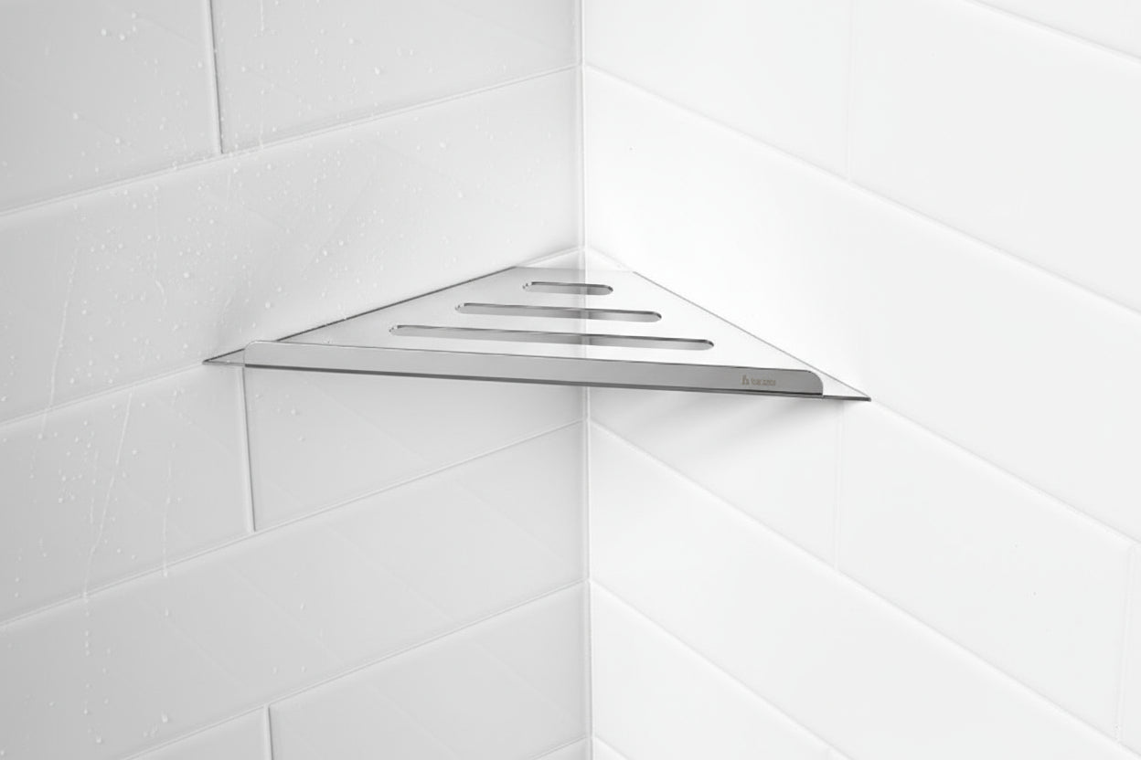 Smedbo Ablage für Duschecke aus Edelstahl, dreieckige Form für Einbau in Fliesenfugen, Chrom glanz oder Schwarz matt, Art.Nr. 3060