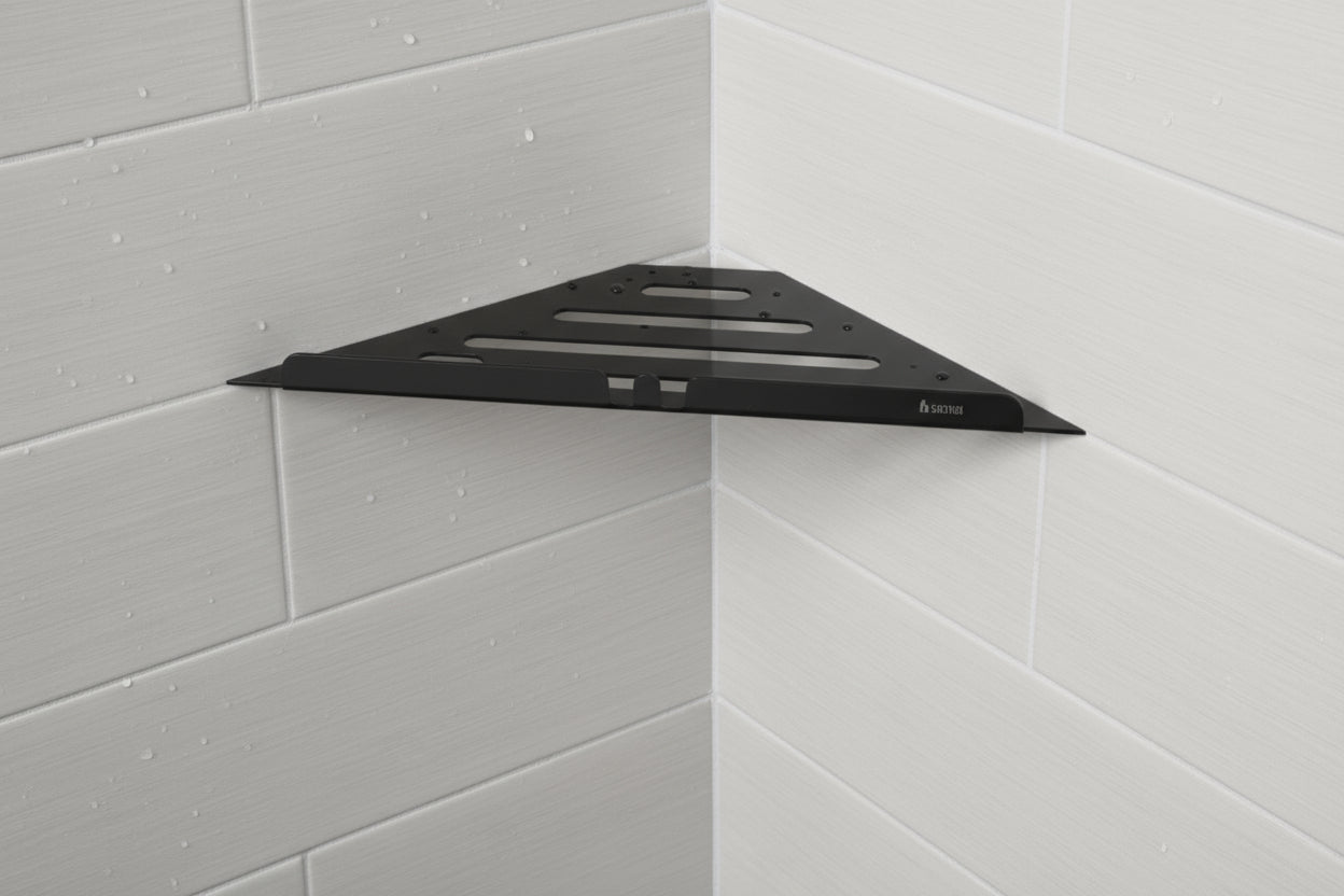 Smedbo Ablage für Duschecke aus Edelstahl, dreieckige Form für Einbau in Fliesenfugen, Chrom glanz oder Schwarz matt, Art.Nr. 3060