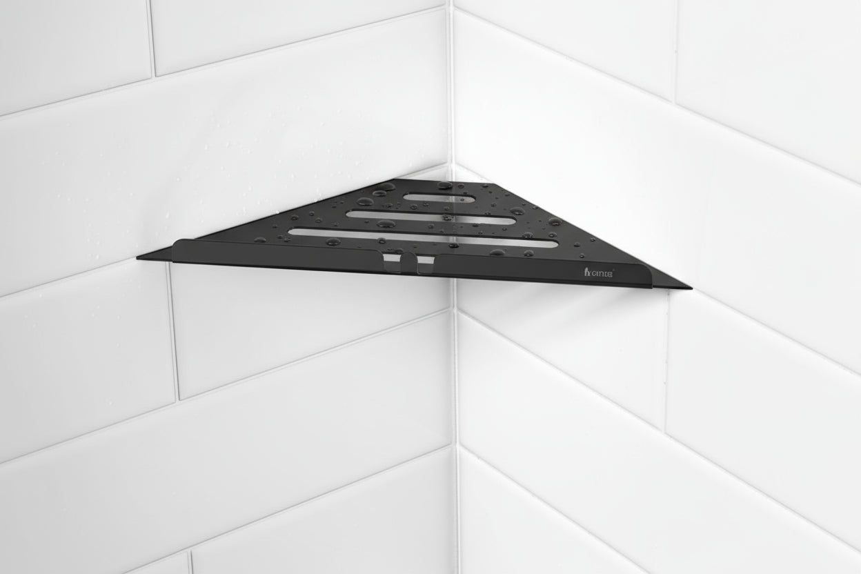 Smedbo Ablage für Duschecke aus Edelstahl, dreieckige Form für Einbau in Fliesenfugen, Chrom glanz oder Schwarz matt, Art.Nr. 3060