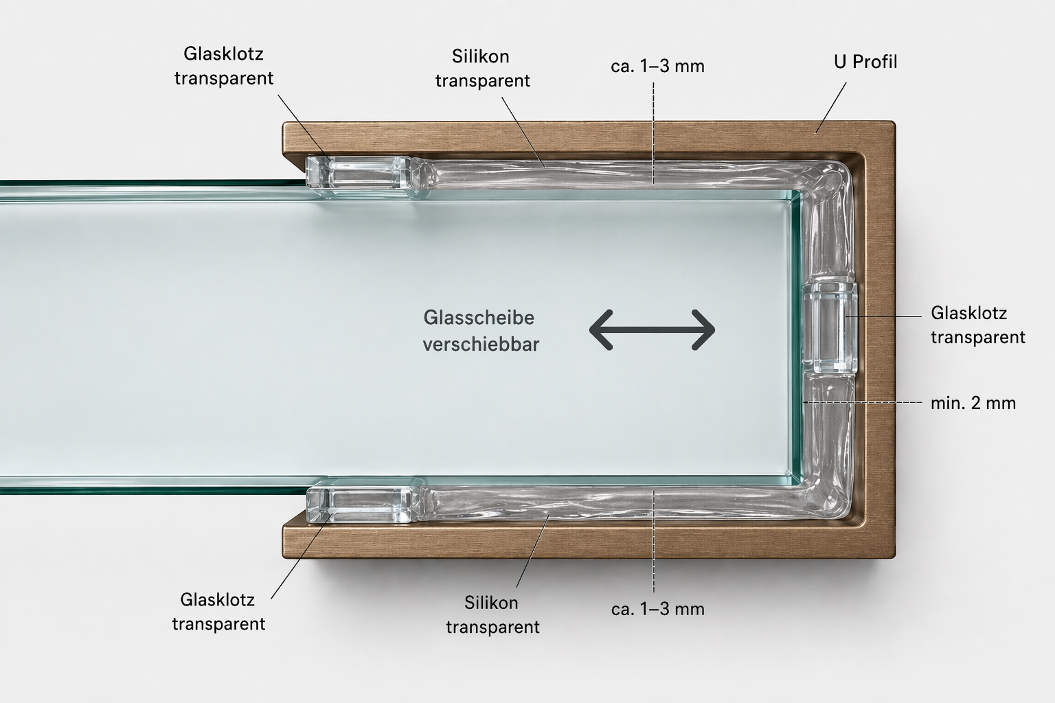 Alu U-Profil SDCD3812 – Silikonverklebung Glasscheibe, 13 Farben