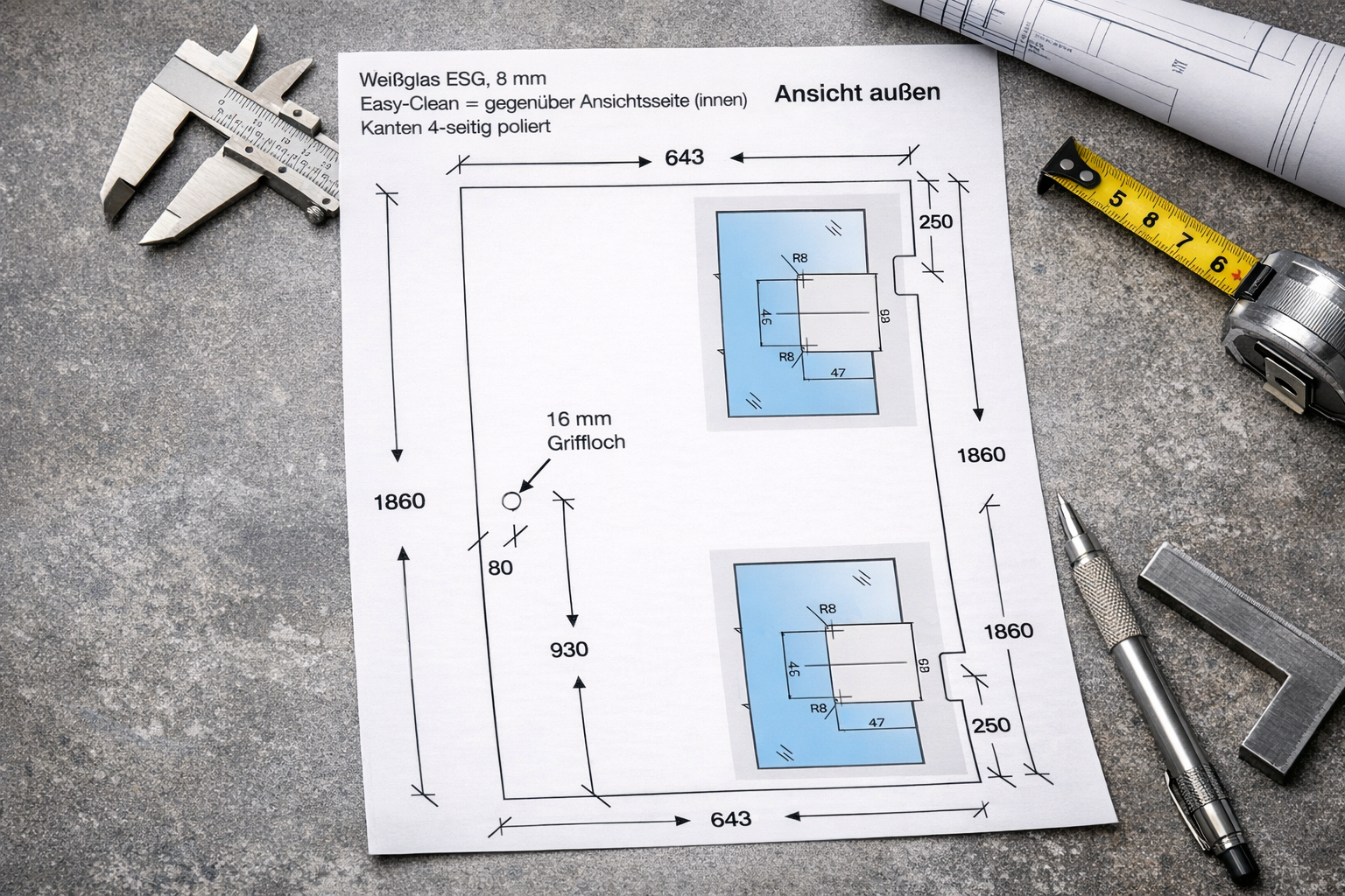 Glasplan-Service | Erstellung eines individuellen Glasplans zur Fertigung einer Duschabtrennung aus Glas