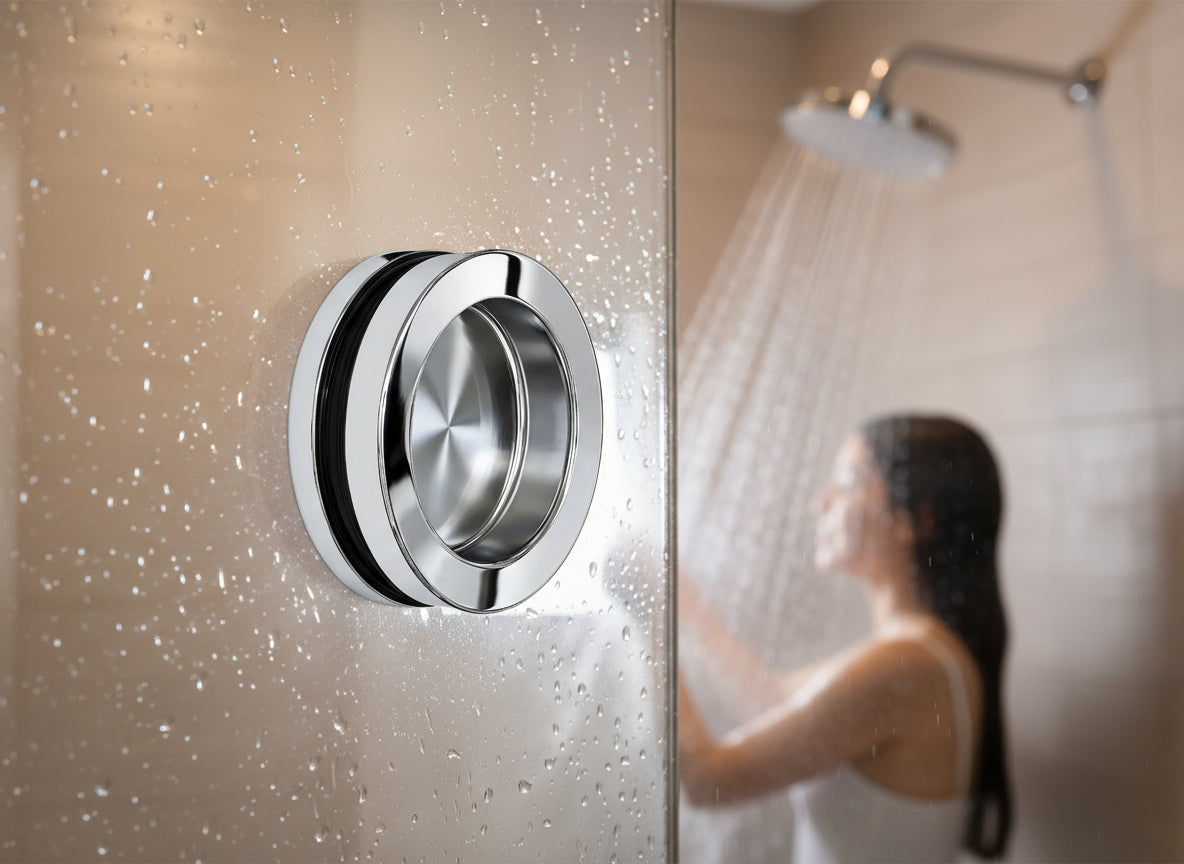 Griffmuschel aus Edelstahl für Glastüren, Ø 60 mm / 38 mm, mit Bohrung, verschraubt