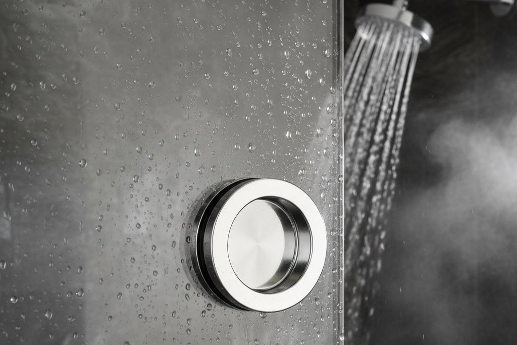 Griffmuschel aus Edelstahl für Glastüren, Ø 60 mm / 38 mm, mit Bohrung, verschraubt