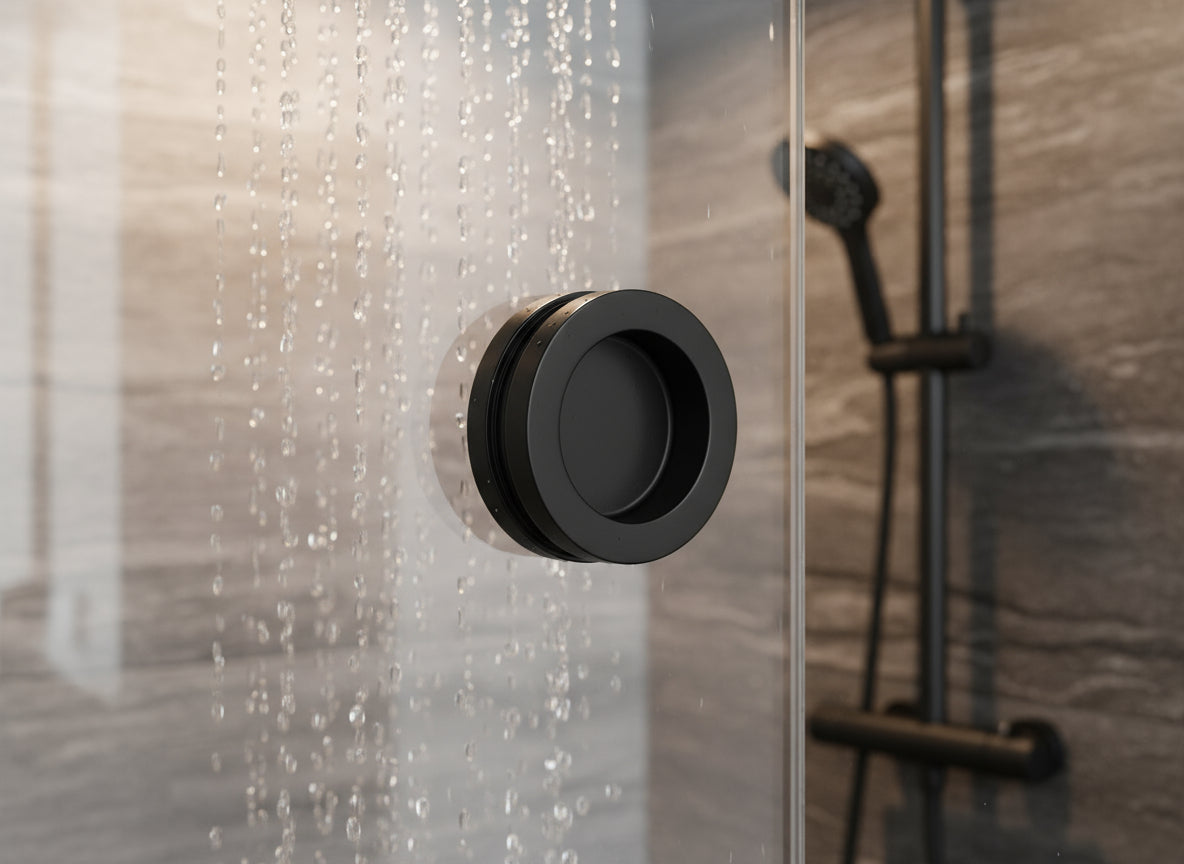 Griffmuschel aus Edelstahl für Glastüren, Ø 60 mm / 38 mm, mit Bohrung, verschraubt