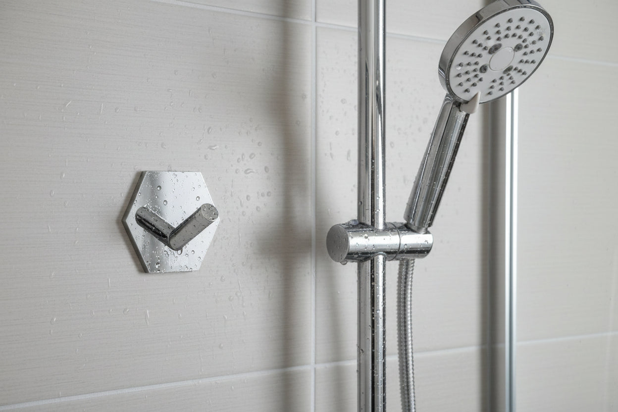 Design-Wandhaken Hexagon selbstklebend (45x52 mm) – Edelstahl – Schwarz Matt oder Chrom