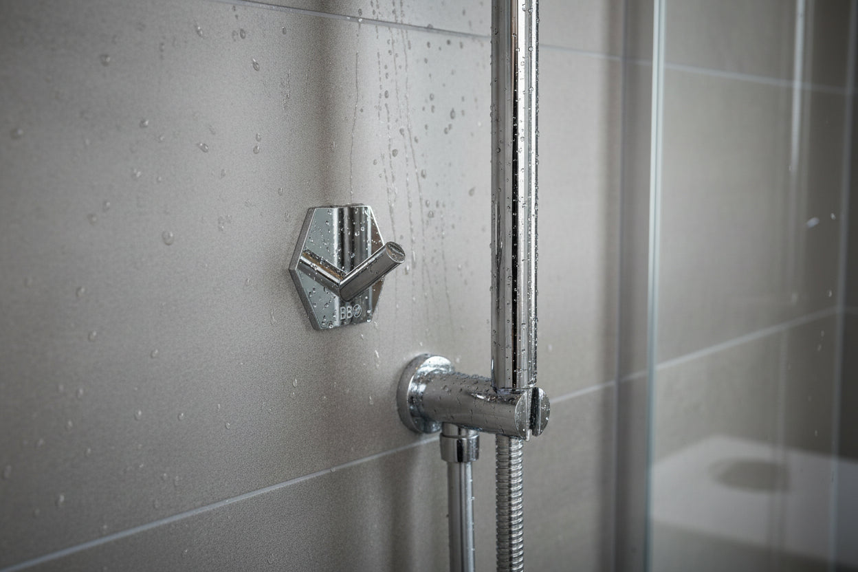 Design-Wandhaken Hexagon selbstklebend (45x52 mm) – Edelstahl – Schwarz Matt oder Chrom