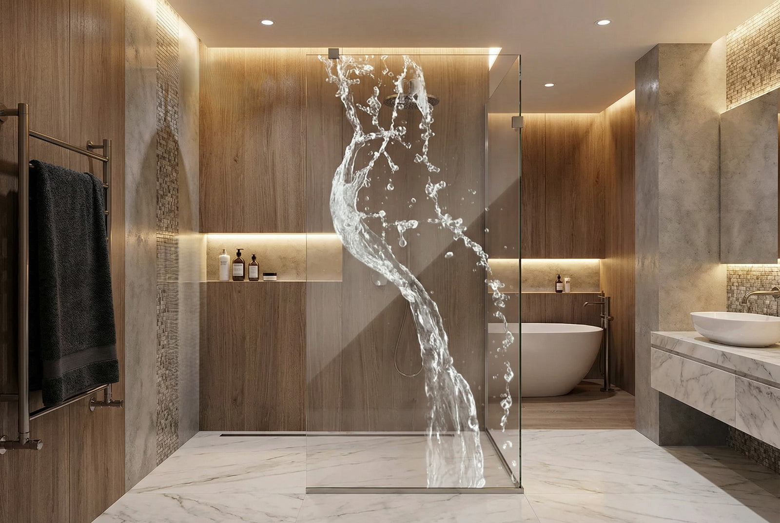 ESG Sicherheitsglas für Duschen mit Motiv oder Bild mittels Lasertechnologie, Serie Paimu