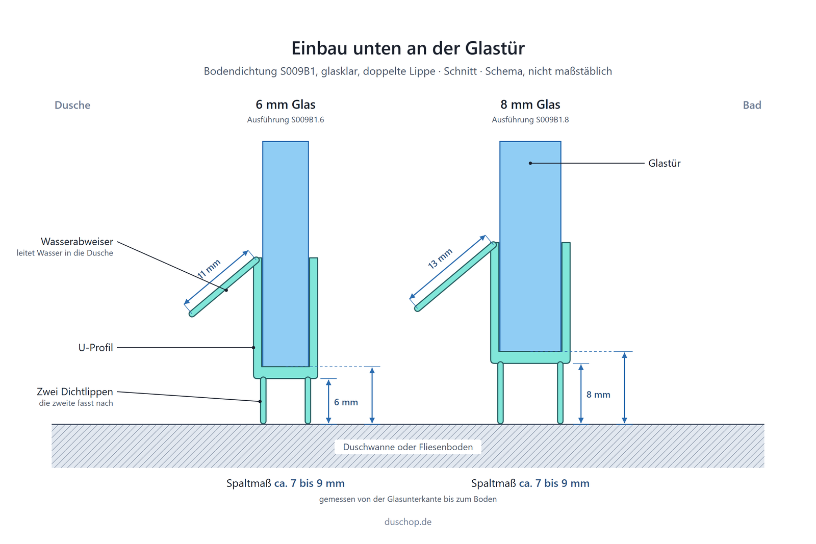 Einbauskizze S009B1, glasklare Bodendichtung mit doppelter Lippe unten an der Glastür, Spaltmaß bei 6 und 8 mm Glas