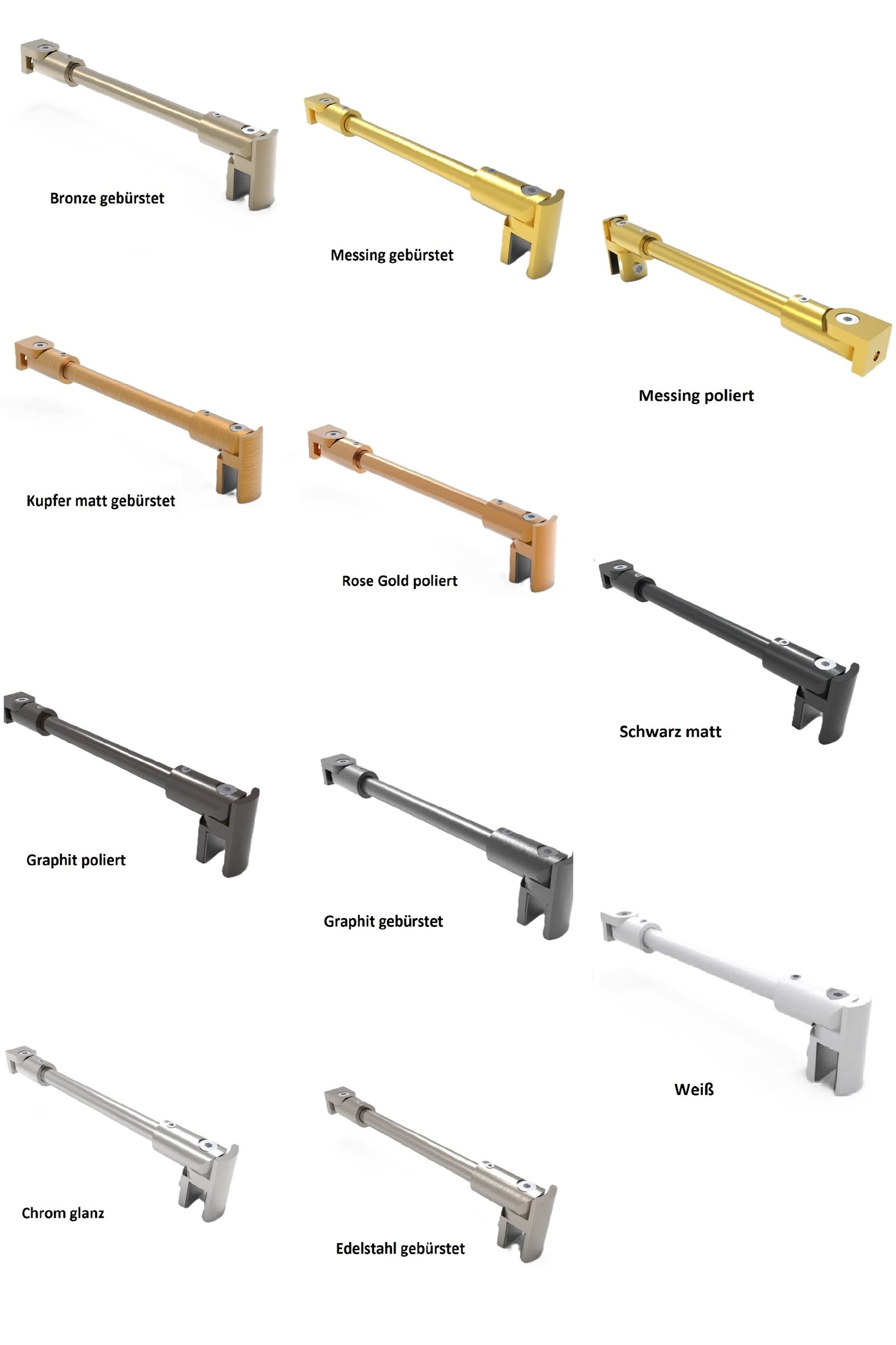 Rundes Stabistangen-Set Glas-Wand 1200 mm – Ø 12 mm, flexibel einstellbar für 8-10 mm Glas – Art.Nr. S1212SET