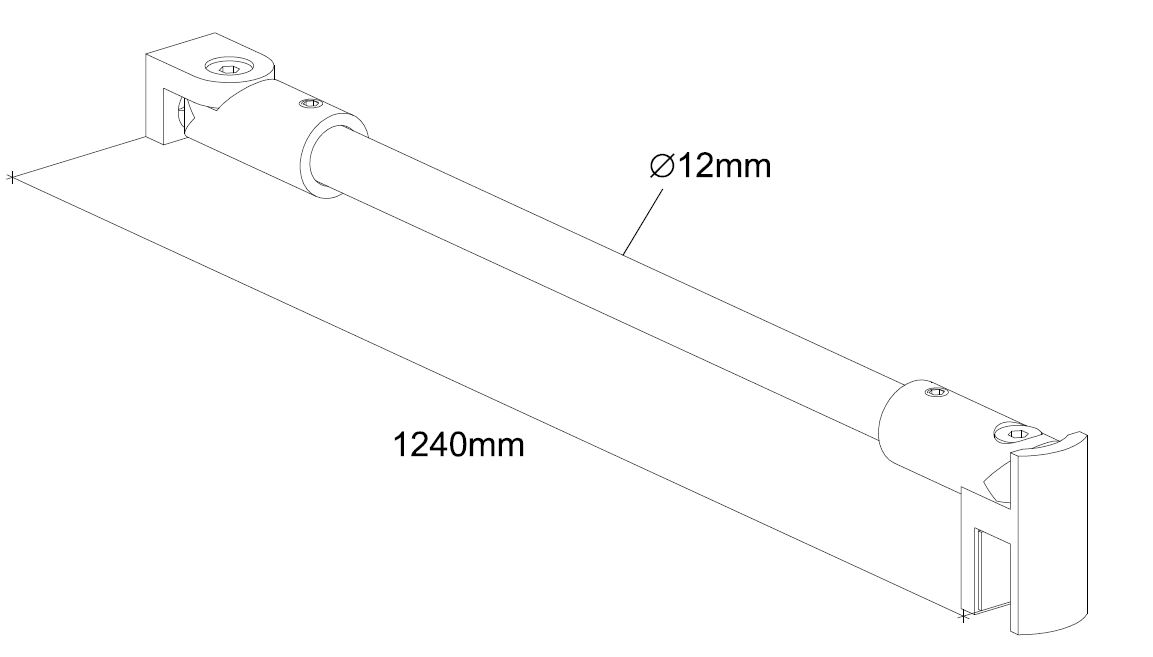 3D-Aufbauskizze Stabistangen-Set rund Ø 12 mm: Wand- und Glashalter mit Klemmaufnahme, Stange in Gesamtlänge 1240 mm