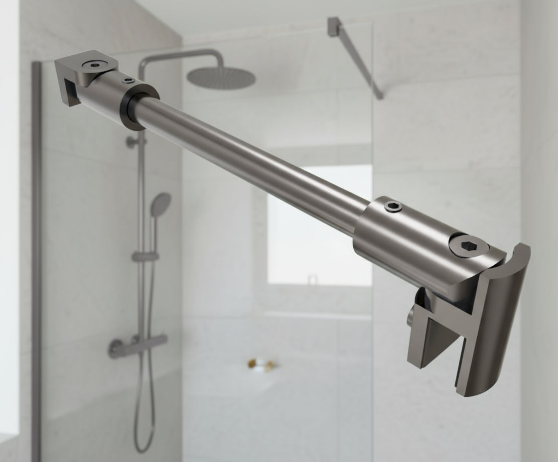 Rundes Stabistangen-Set Glas-Wand 1200 mm – Ø 12 mm, flexibel einstellbar für 8-10 mm Glas – Art.Nr. S1212SET